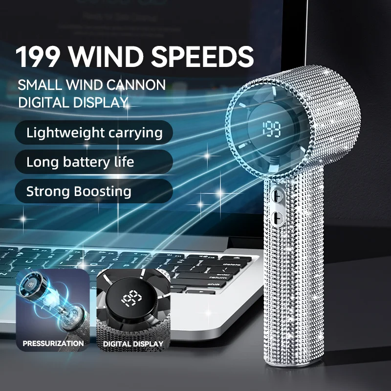 199-Speed Portable Handheld Fan with Sparkling Imitation Diamonds & LED Display, USB Rechargeable Mini Fan for Summer Use