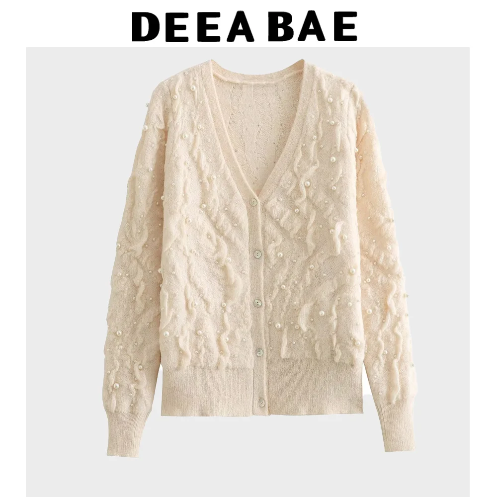 DEEABAE New Arrival Gentle Style Heavy Pearl Decoration V-neck Knitted Cardigan Textured Long-sleeved Knitted Sweater