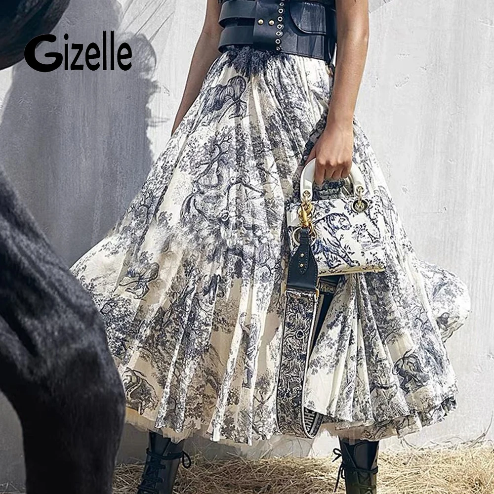 Gizelle Autumn Fashion Runways Women's Elegant High quality Vintage jungle printing High Waist Skirts Holiday Chic Mujer Traf Za