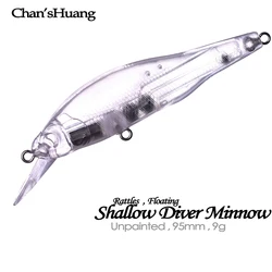 Chan’sHuang 20PCS Unpainted Blanks Bait 9.5cm 9g Rattles Flaoting Shallow Diver Minnow DIY Handmade Artificial Fishing Lure