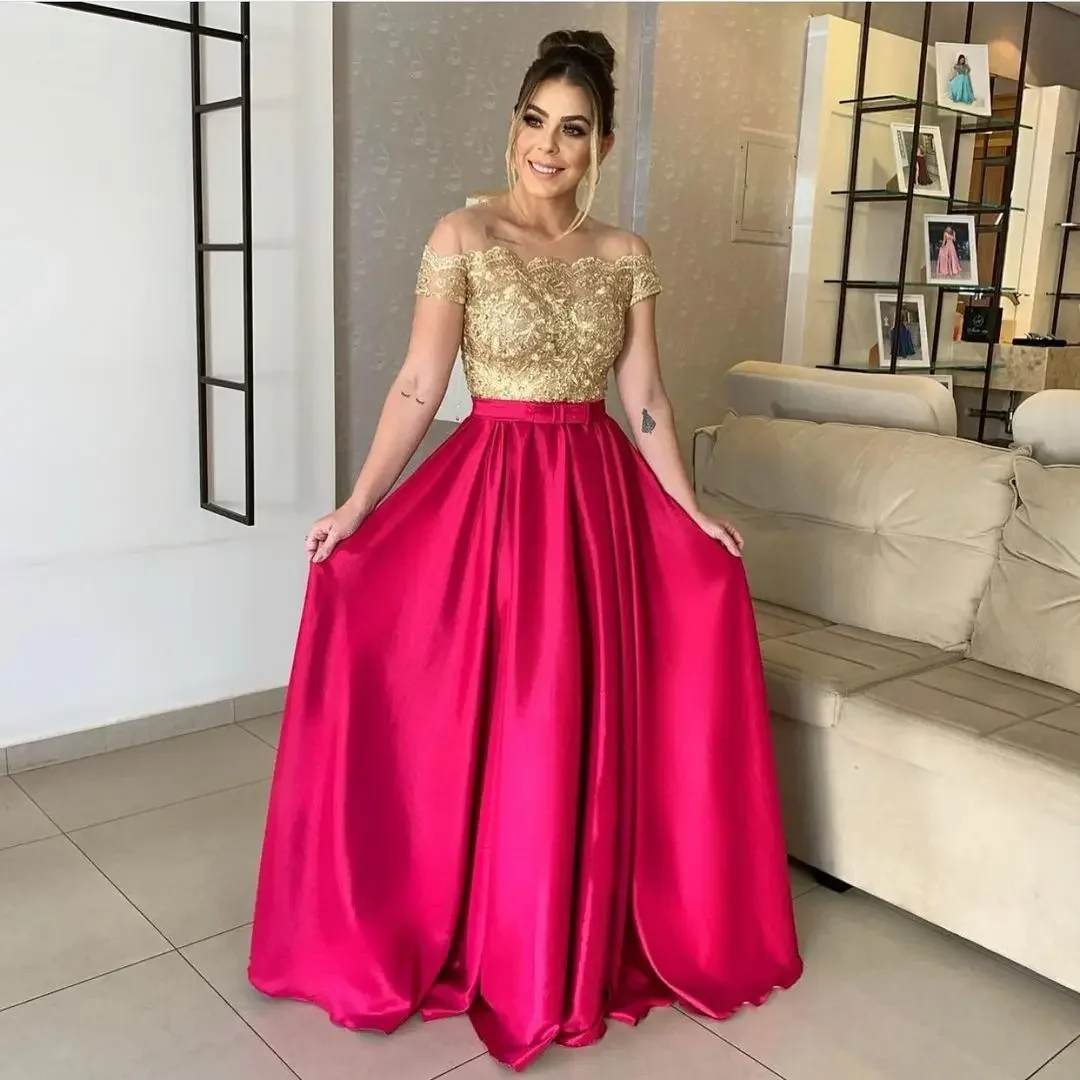 

Customized Elegant Off Shoulder Satin Prom Dress A-line Long Lace Top Evening Dresses 2025 Of The Bride Dress Mother