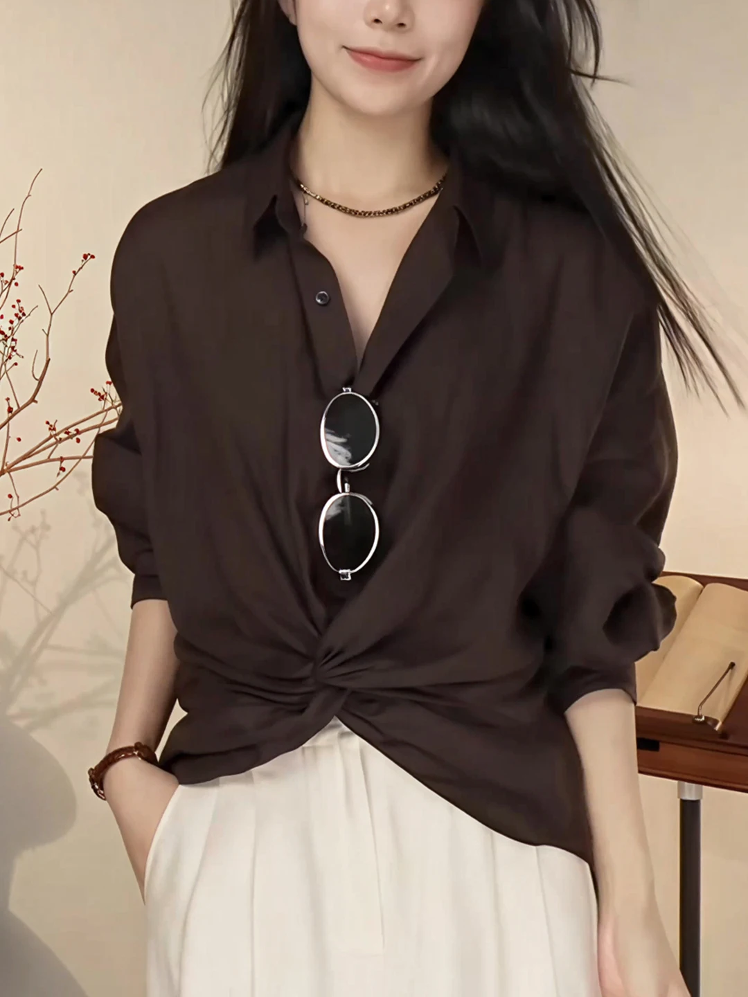 

Faionable Knot Ne Long Sve irt Women's Autumn New Korean Sle Mature Ele Sle Commute Sle Loose Fit irt