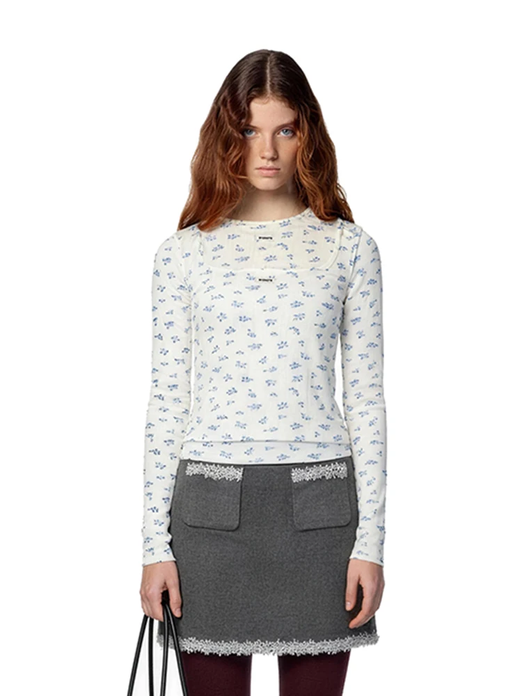 

MDNOTE Early Spring 2026 New Knitted Floral Print Top True Two-Piece Casual Sle Slim Fit Long Sve round Ne T-irt