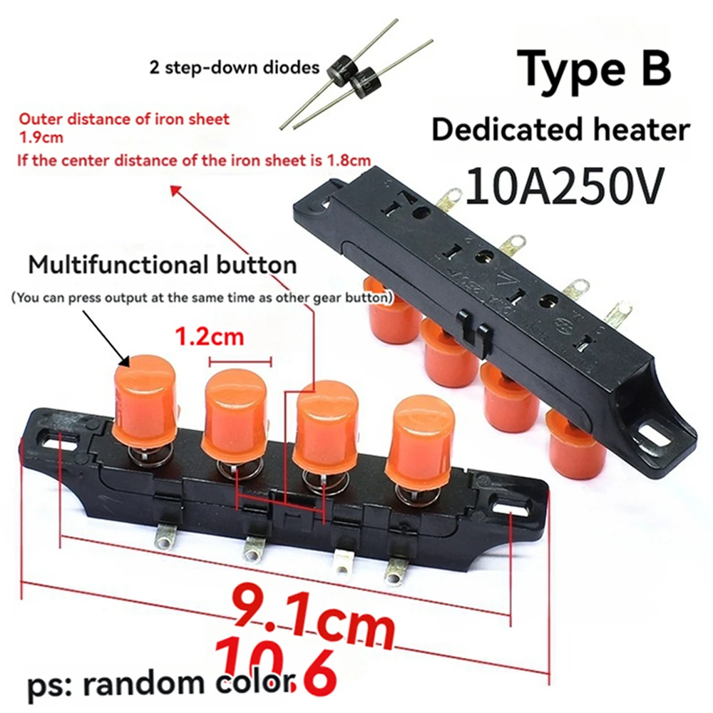 Interruptor De Botão De Aquecedor Elétrico, Interruptor De Chave De Piano, Kits De Diodo, Peças De Reparo De Ventilador De Aquecimento De Ar, 3-Key, 4-Key, 10A, 250V, 1Pc