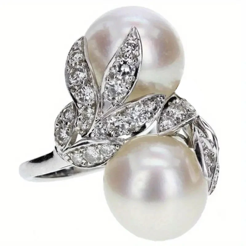 Huitan Doppelte Imitationsperlenringe für Frauen, ästhetisches Ehering-Accessoire, Geschenk, silberfarben, luxuriöser Modeschmuck, Party