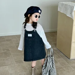 Abbigliamento per bambini vestito in Denim per ragazze primavera 2024 nuova moda Casual grande cinturino tascabile Casual semplice vestito da ragazza di colore solido