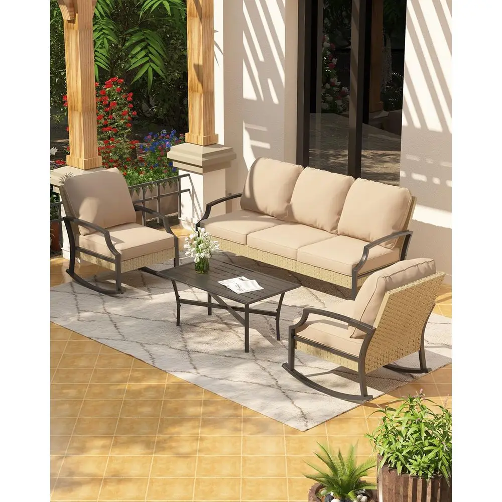

4-Piece All-Weather Wicker Bistro Set with Rocking Chair and Waterproof Cushions for Patio and Garden (Beige)