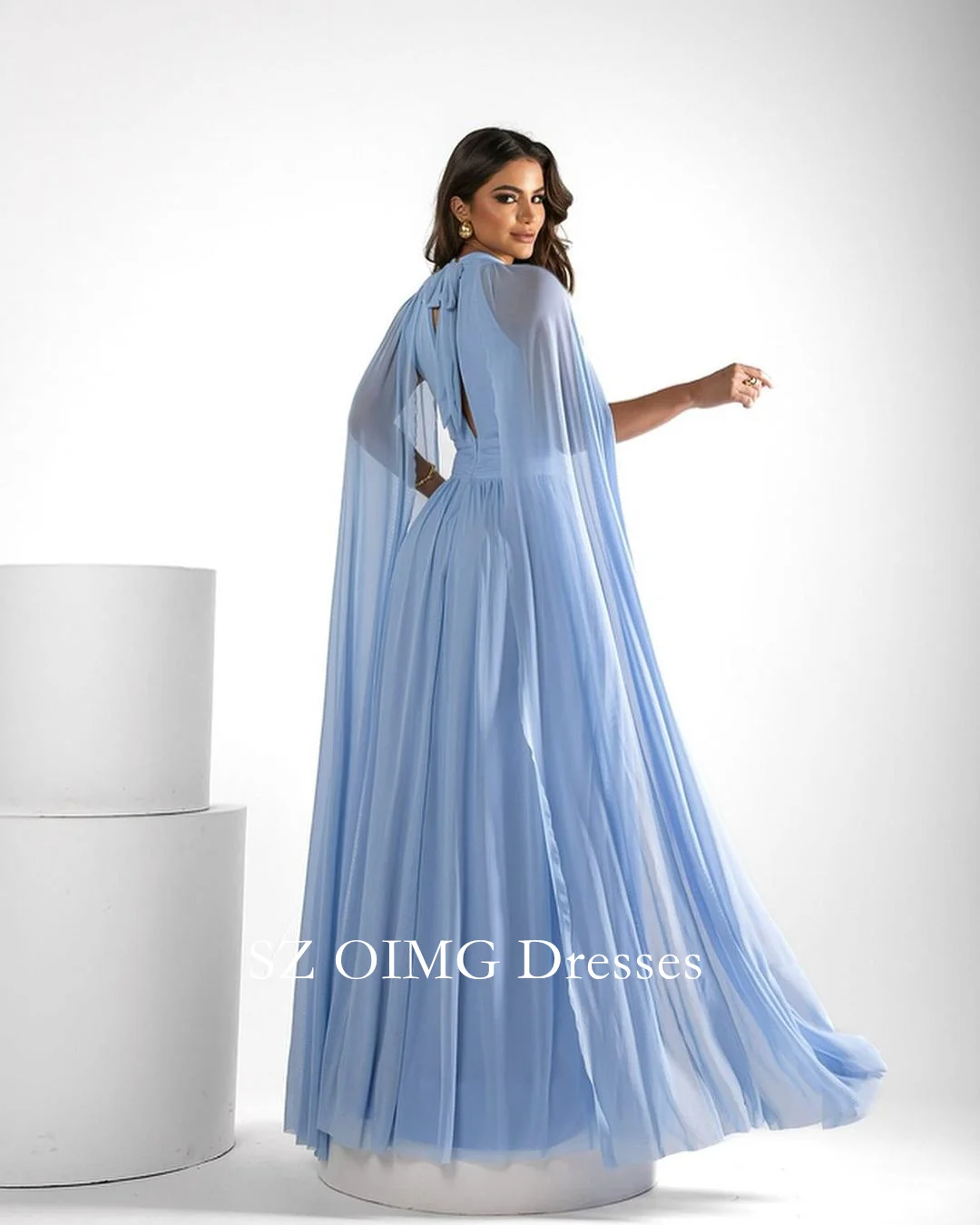 Oimg Prachtige Mode Hoge Hals Hemelsblauwe A-Lijn Prom Jurken Cape Mouwen Sexy Eenvoudige Chiffon Avondjurken Formele Feestjurk