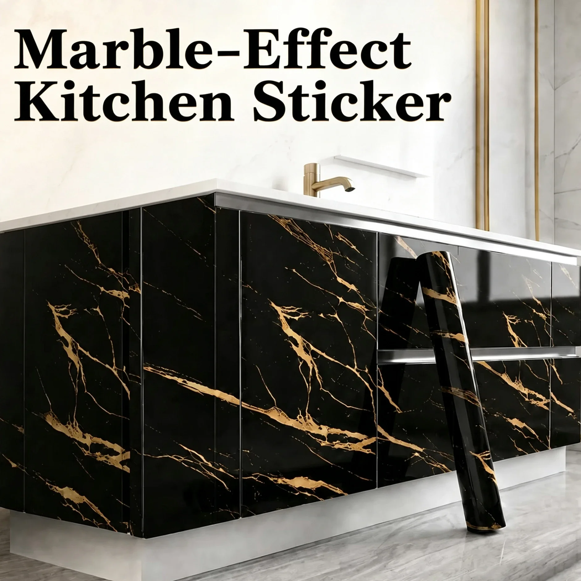Black Faux Marble-Effect Adhesive Film With Gold Veining Suitable For Kitchen Countertop Cabinet And Furniture Refurbishment.