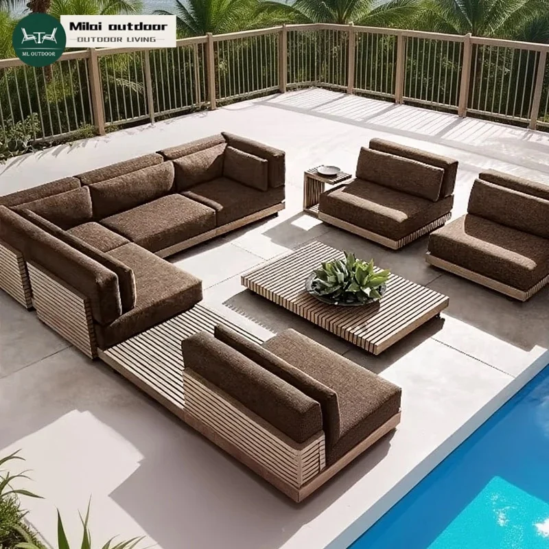 Luxury Garden Sofa Set Hotel Modern Outdoor Sofas Wood Couch Sofa Teak Patio Furniture Waterproof Outdoor Furniture Set