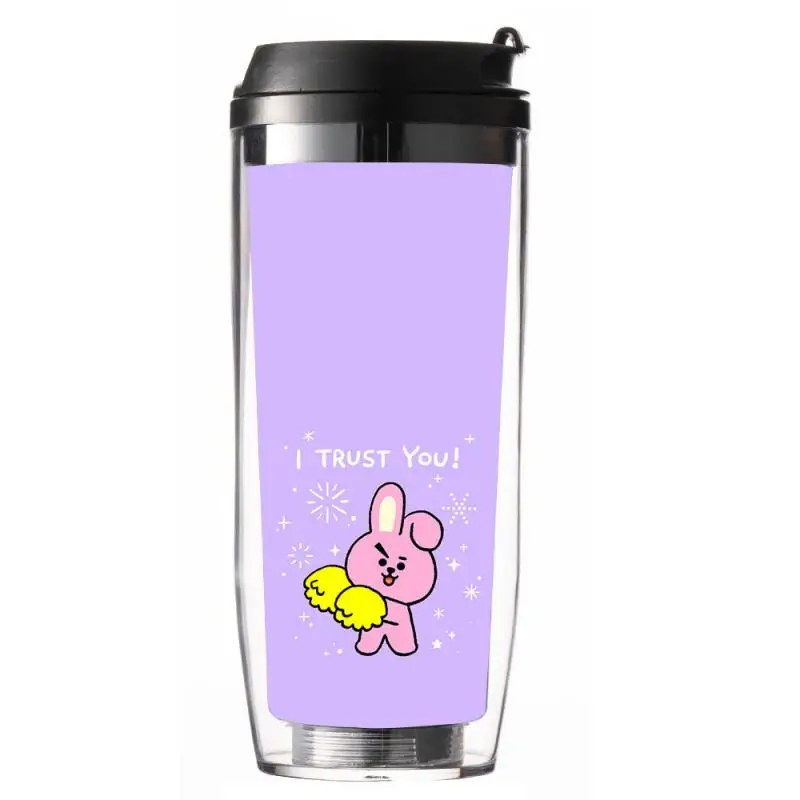 Taza de agua de 500Ml con dibujos animados de Anime Bt21 Tata Chimmy Cooky, nueva taza con pajita a la moda, taza portátil de doble capa, regalo para amigos