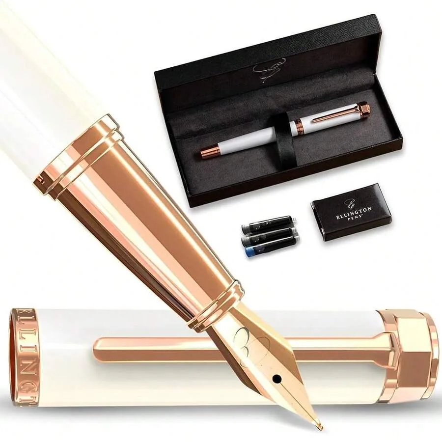 Ellington Pens Luxury Fountain Pen Set - Smooth Fine Nib - Includes 3 Ink Cartridges, Refillable Ink Converter, Gift Box - Foun