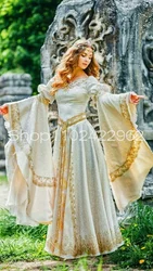 Fairy Long Sleeve Mediaeval Wedding Dresses Full Lace with Shiny Gold Applique Elven Fairy Tudors Renaissance Bridal Gowns