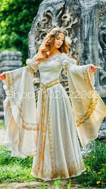 Fairy Long Sleeve Mediaeval Wedding Dresses Full Lace with Shiny Gold Applique Elven Fairy Tudors Renaissance Bridal Gowns AliExpress