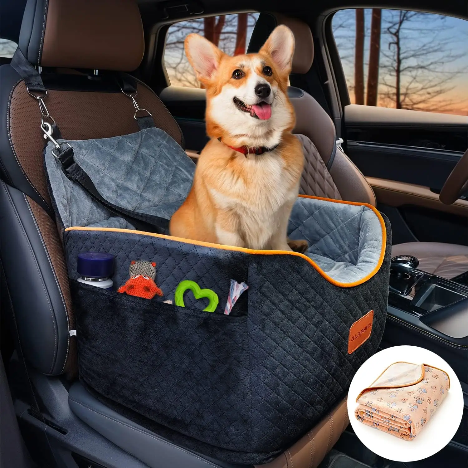 

Washable Memory Foam Dog Car Seat with Anti-Slip Base, Storage Pocket & Adjustable Leash for Pets Up to 35lbs