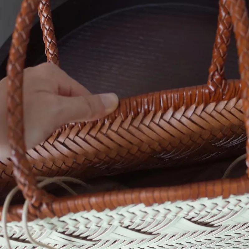 Vintage Hobos bag Manual Woven Genuine Leather Hand Bags Weave Tote Top Quality Women Basket Shopping Bags Hollow Beach