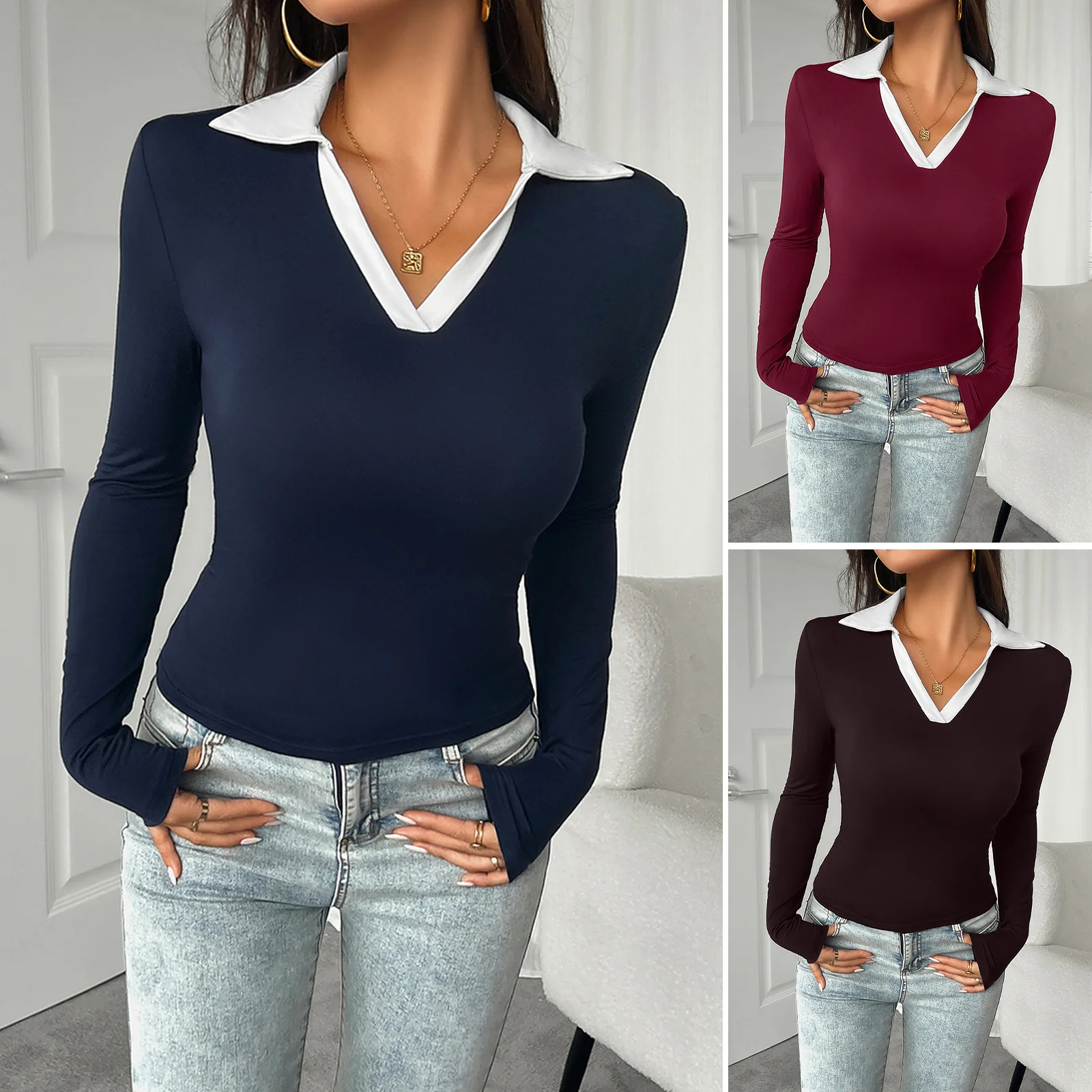 

Autumn And Winter Amazon Women's Clothing Temperament Slim-fitting Buckle-free Polo Neck Knitted Top Women's Clothing