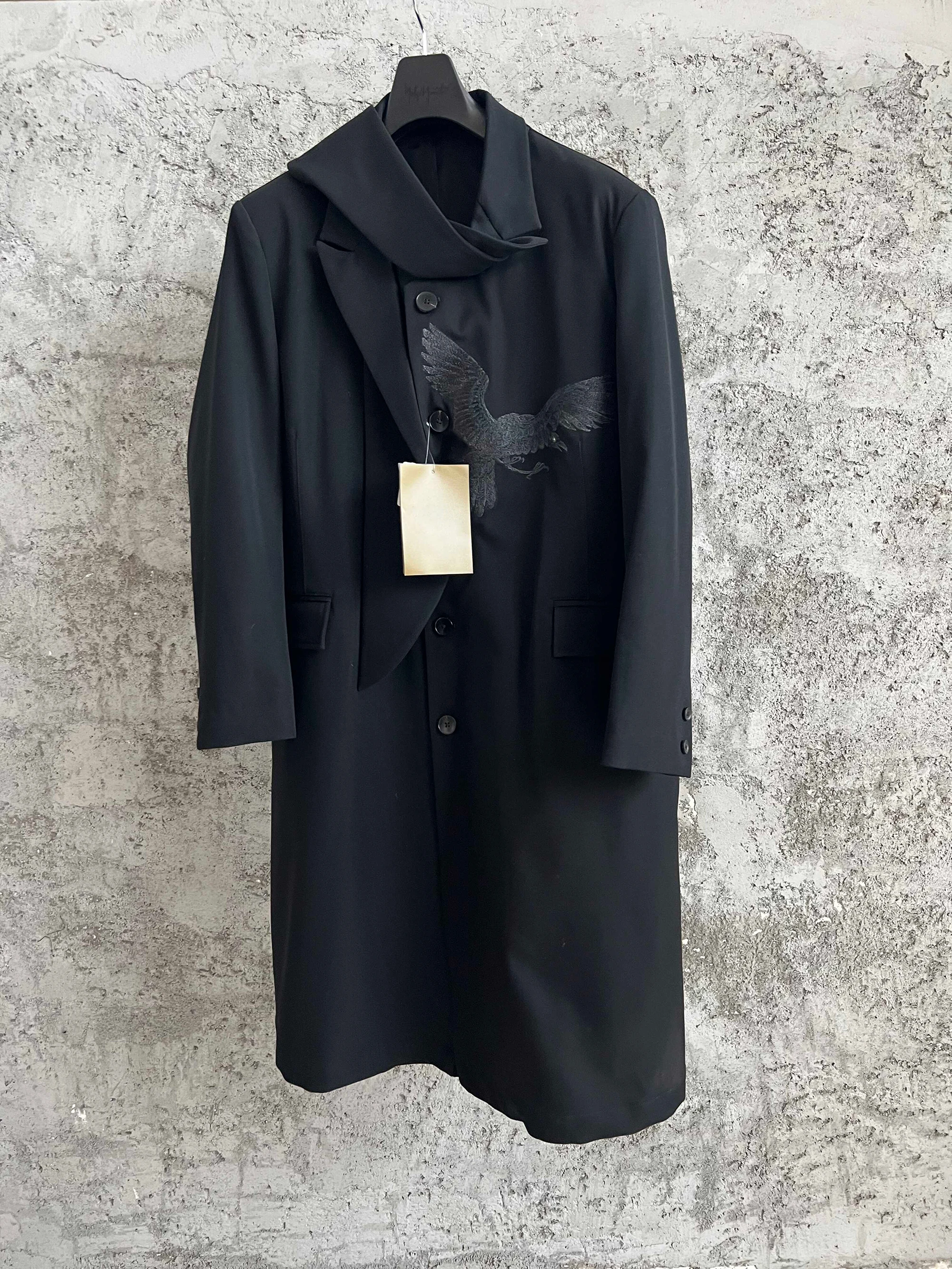 

TOP-YAMAMOTO embroidered black crow double coat, wool casual loose overcoat, a niche designer