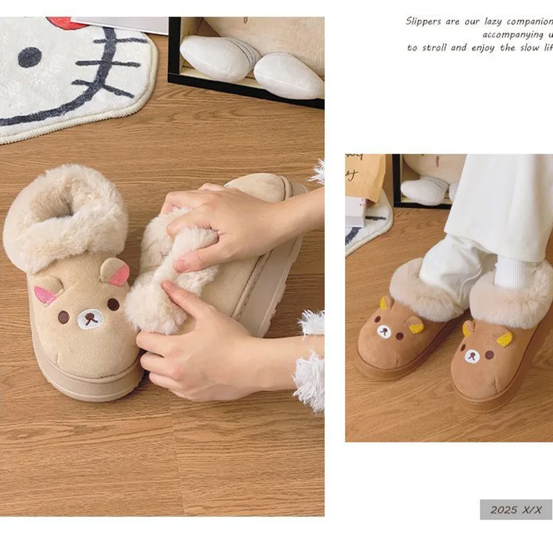 

Kawaii Rilakkuma Cotton Shoes for Women Winter Outdoor Anti Slip Velvet Warm Indoor Cotton Slippers Student Girl's Gifts Toys