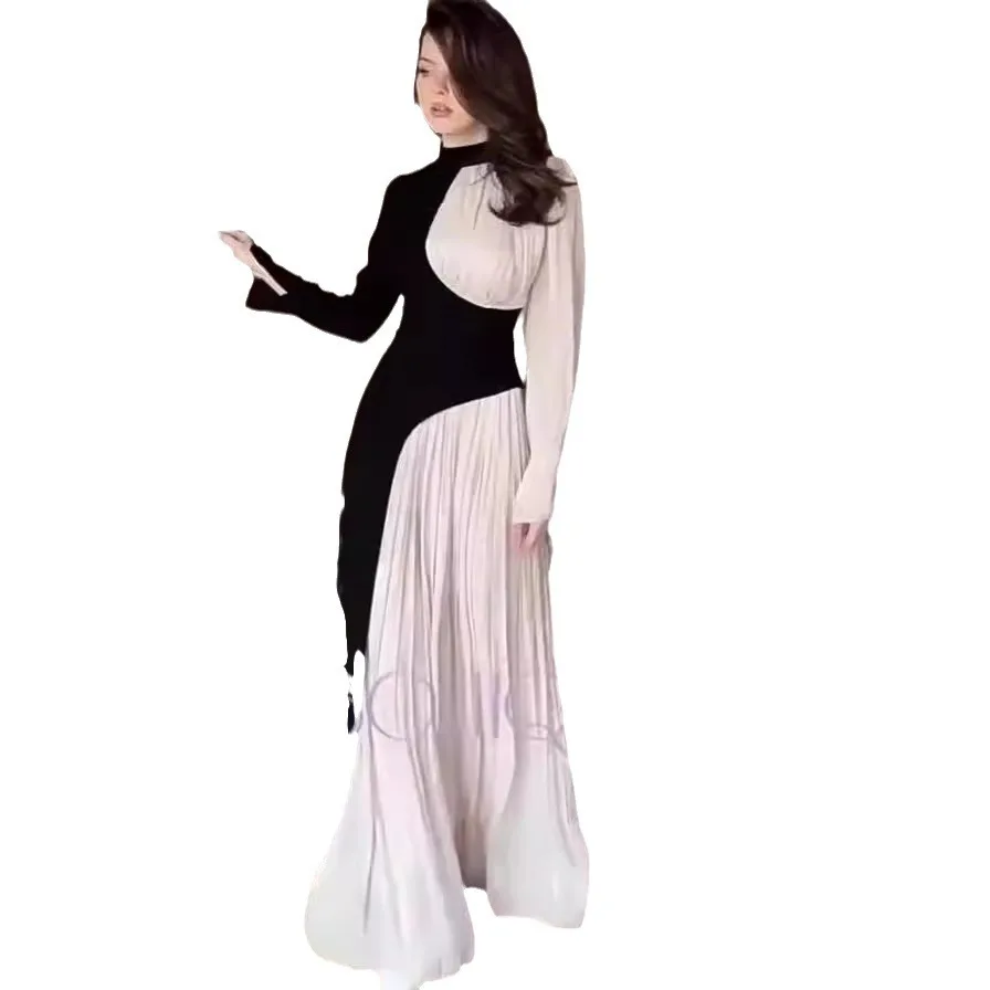 French Dress for Women Half High Collar Slim Belt Vintage Dress Islamic Clothing Dubai Abaya Turkey Arabic Muslim Dress Women