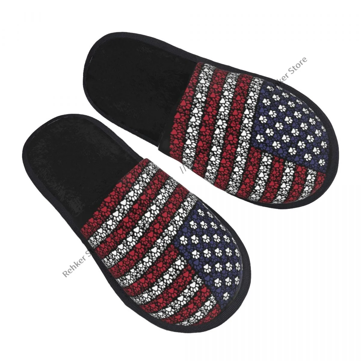 Paw Footprint Pictograms Waving USA Flag Indoor Slippers Furry Slipper Winter Home Shoes House Flat Closed Toe Slides Flip Flops