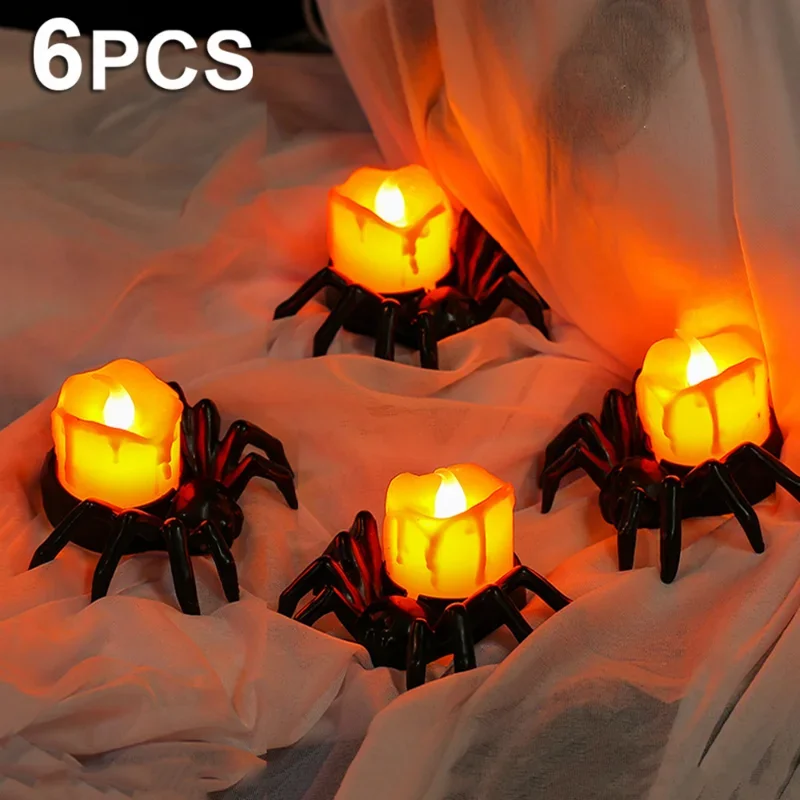 

1/6pcs LED Candle Light Spider Pumpkin Lamp Flickering Flameless Flashing Electric Candles Battery Lights Halloween Party Decor