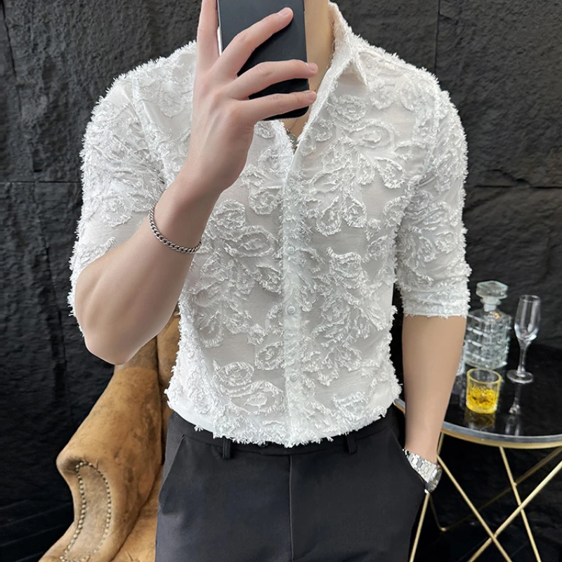 Fashion Lace Hollowed Out Shirt for Men Half Sleeve Sexy Nightclub Shirt Slim Fit Social Party Tuxedo Stage Performance Blouse