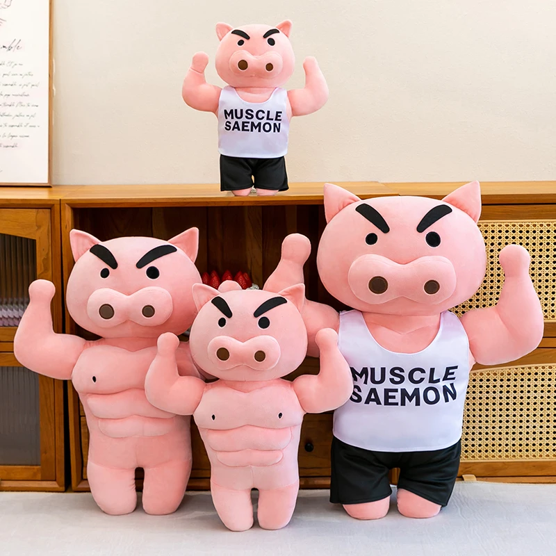 Giant Muscle Buriburizaemon Plush Toy Crayon Shin-chan Pink Pig Stuffed Doll with Printed Tank Top, Soft Large Size Pillow