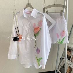 White Casual Fashionable Sun Protection Shirt Y2k Shorts Womens 2 Peice Sets Tracksuit Suit 2024 Streetwear Hotsweet Floral Tops