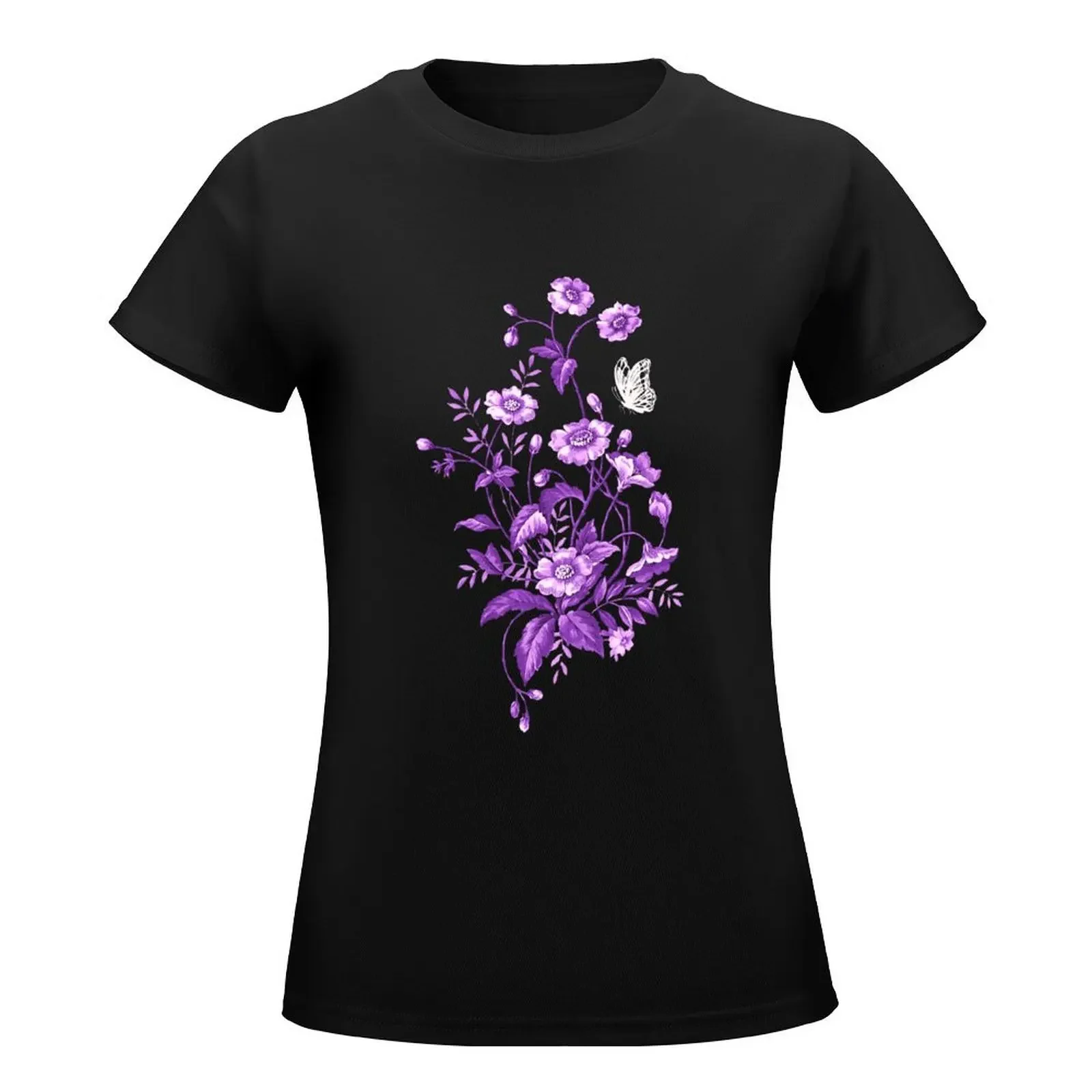 Purple Botanical Flowers and Butterfly T-Shirt cute clothes Blouse t shirts for Women loose fit