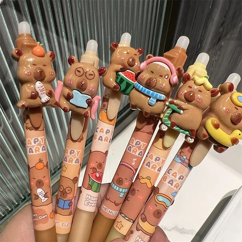 6PCS Capybara Uitwisbare Druk Pen Kawaii Hars Gel Pennen Student Briefpapier Leuke Balpen Schoolbenodigdheden Kantoor Accessoires