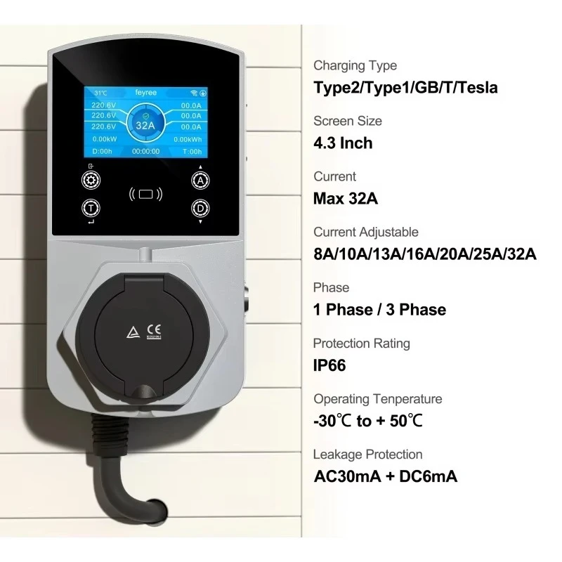 Stazione di ricarica per veicoli elettrici da pavimento 22 kW 16 A 32 A, caricabatterie regolabile tipo 2 da 240 V