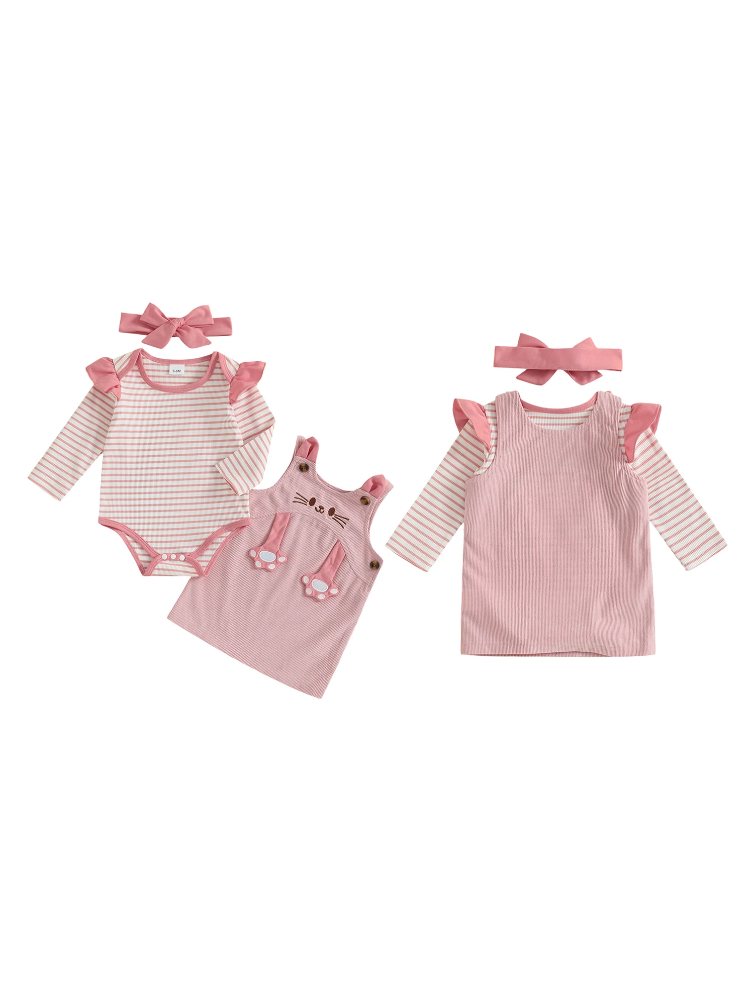 

Toddler Girl Winter Clothes Set Striped Long Sleeve Romper with Cat Print Dress and Bow Headband 3 Piece Outfit Collection