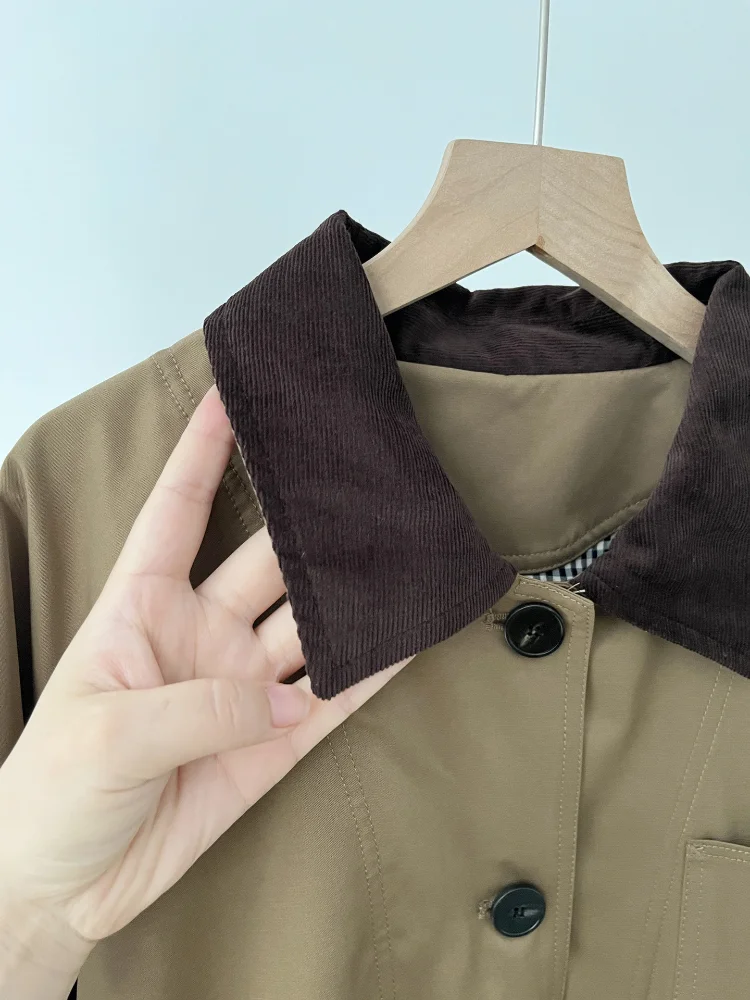 Gabardina de algodón tostado con botones delanteros para mujer, chaqueta de retazos a cuadros con bolsillos, ropa informal de otoño e invierno