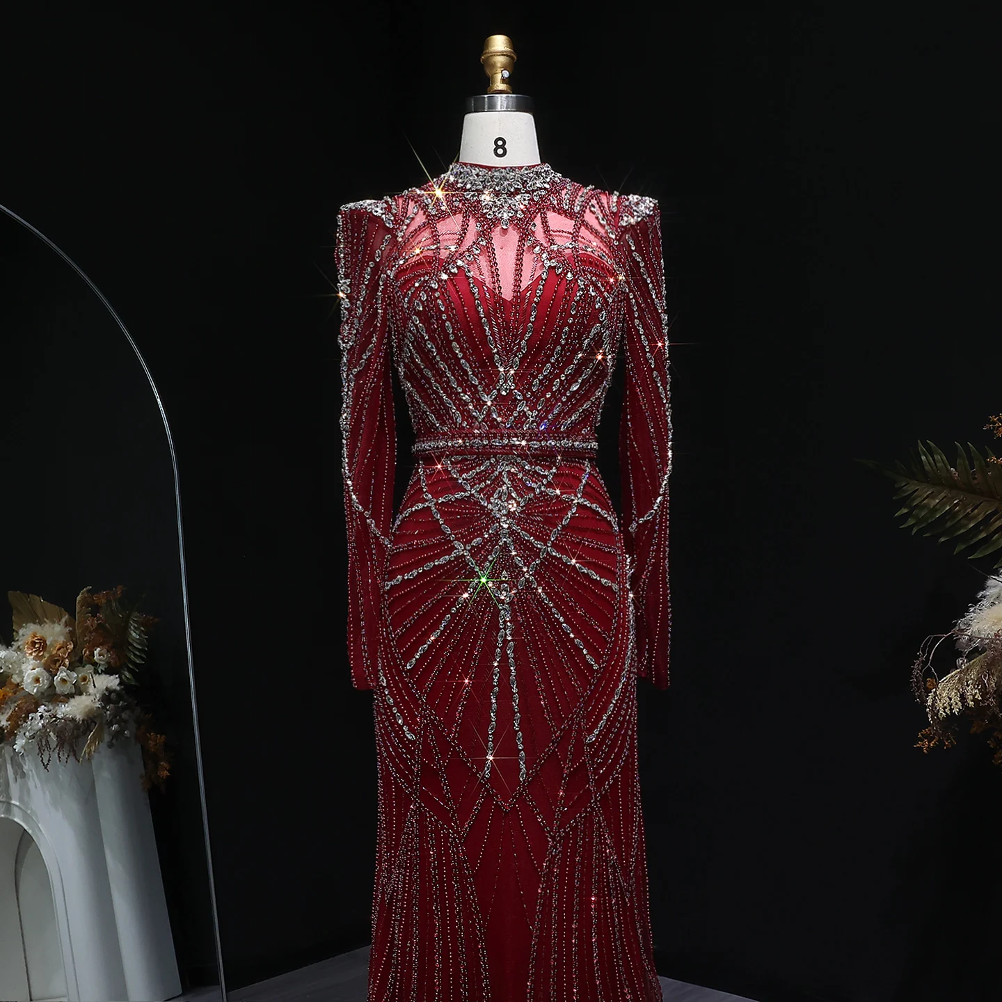 Sharon Said Luxuriöses Weinrotes Abendkleid mit Perlen-Kristall-Verzierung Elegantes Champagner-Festkleid für Damen SS186 Maßanfertigung – Detail 15
