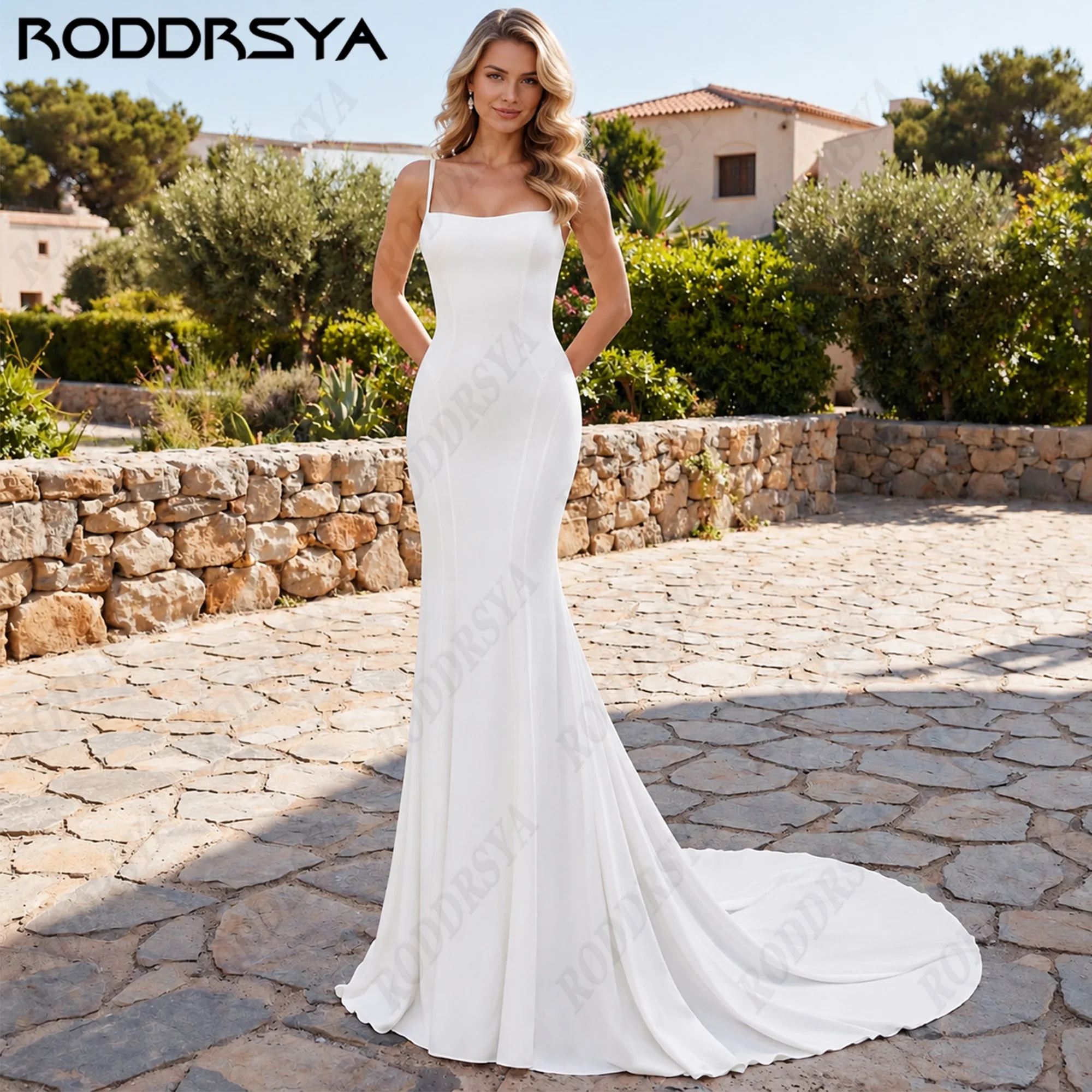 RODDRSYA Customized Satin Mermaid Wedding Dress Square Neck Spaghetti Straps Bridal Gown Sheer Lace Back Court Train For Women