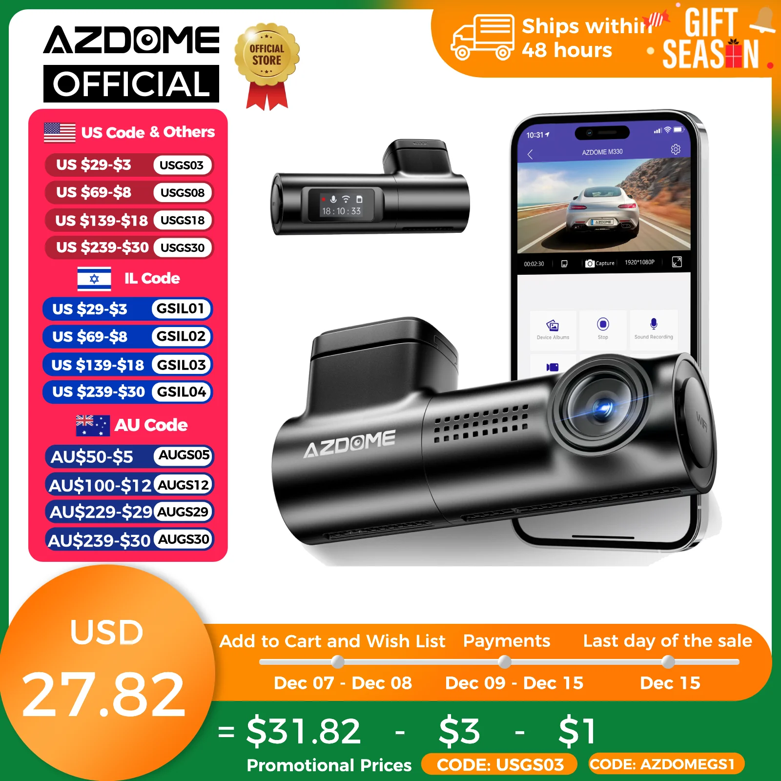 AZDOME M330 Car DVR 1296P Dash Cam Smart Voice Control WiFi Free APP G-sensor Emergency Record Parking Monitor Loop Recording