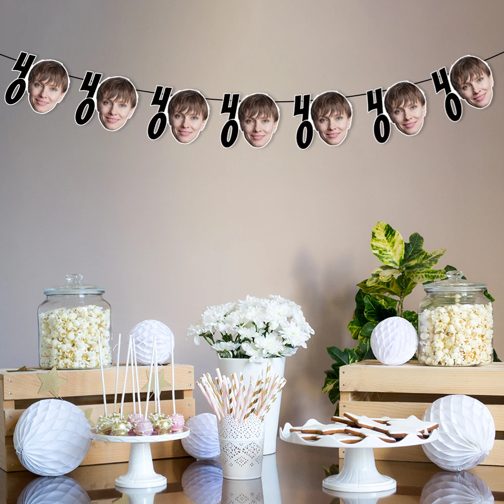 مخصص الذهب الأسود 30 40 50 60 70 سنة حفلة عيد ميلاد الوجه ورق طباعة الصور راية معلقة جارلاند للكبار حفلة عيد ميلاد ديكور