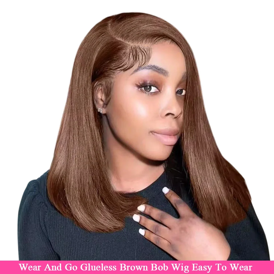

Brown Straight Bob Glueless Wigs Human Hair Preplucked 4X4 HD Pre Cut Lace Wear And Go Straight Bob Wigs Human Hair Easy To Wear