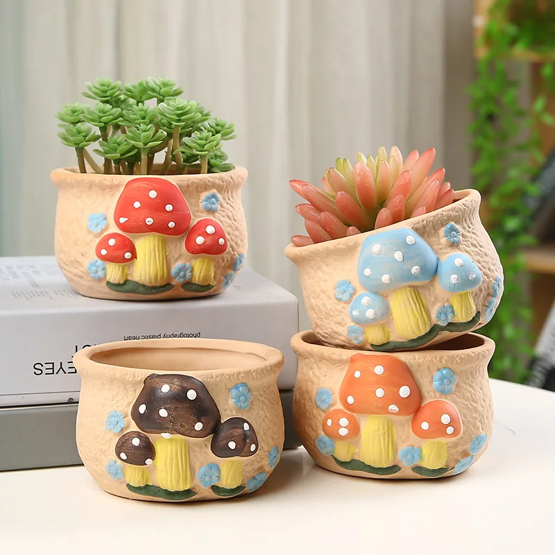 Hand Painted Bisque Ceramic Mini Pot, Colorful Mushroom Cute Planter for Succulent, Oval Drainage Hole Flower Container