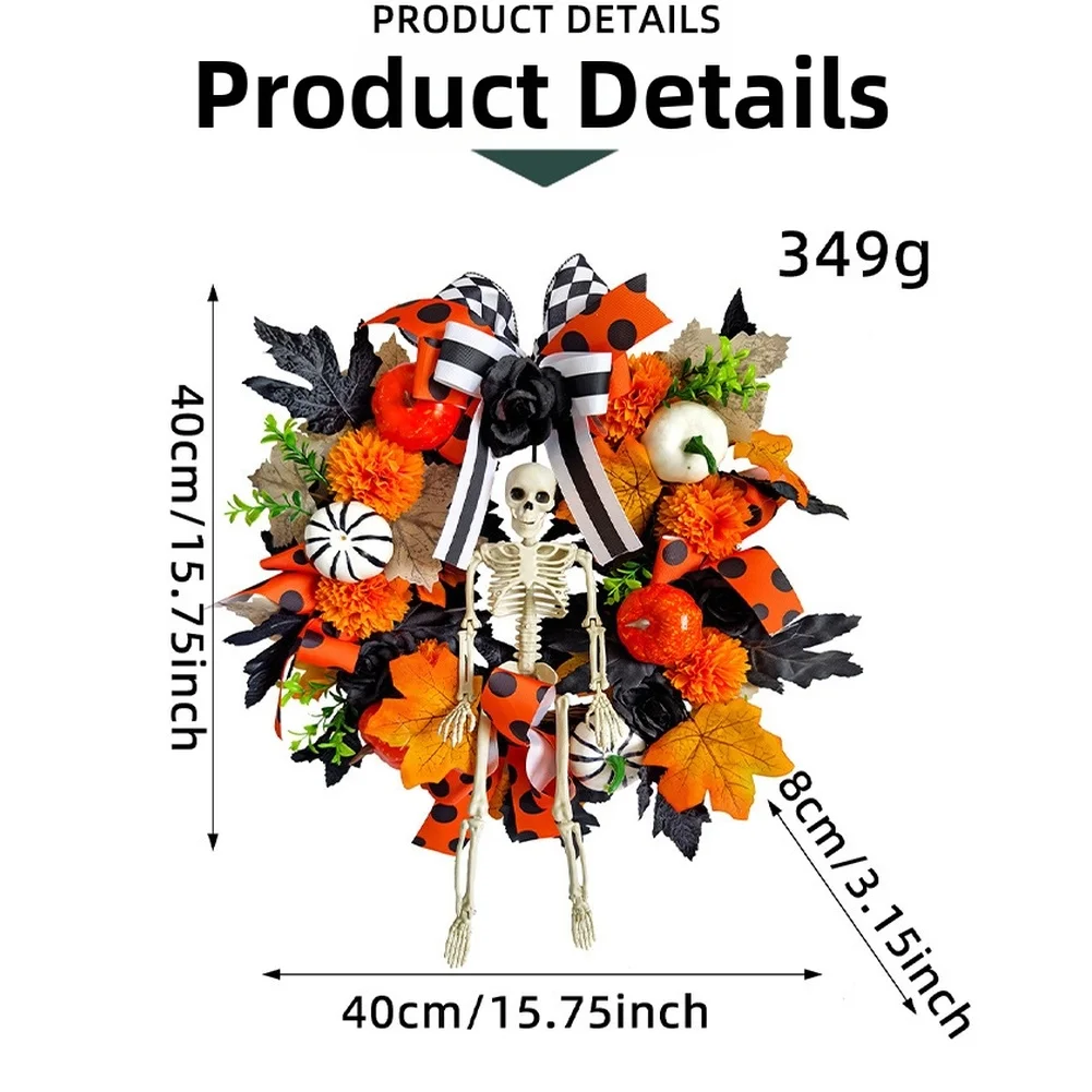 Halloween Decoration Wreath Featuring Maple Leaves Pumpkins Skulls Skeleton Dead Branch for Indoor Outdoor Use