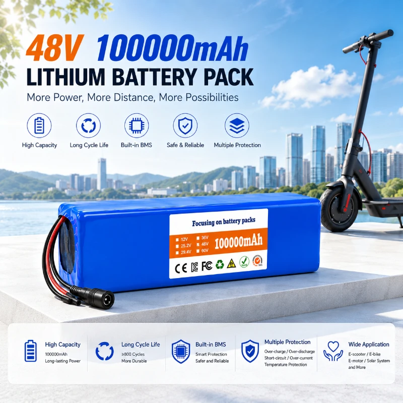 48V Lithium-Akku 100Ah 100000mAh 13S2P Wiederaufladbarer Akkupack mit BMS für 250W 350W 500W 750W 1000W E-Bike Elektroroller DIY-Akku Kostenloses 54,6V Ladegerät Mehrfachanschlüsse