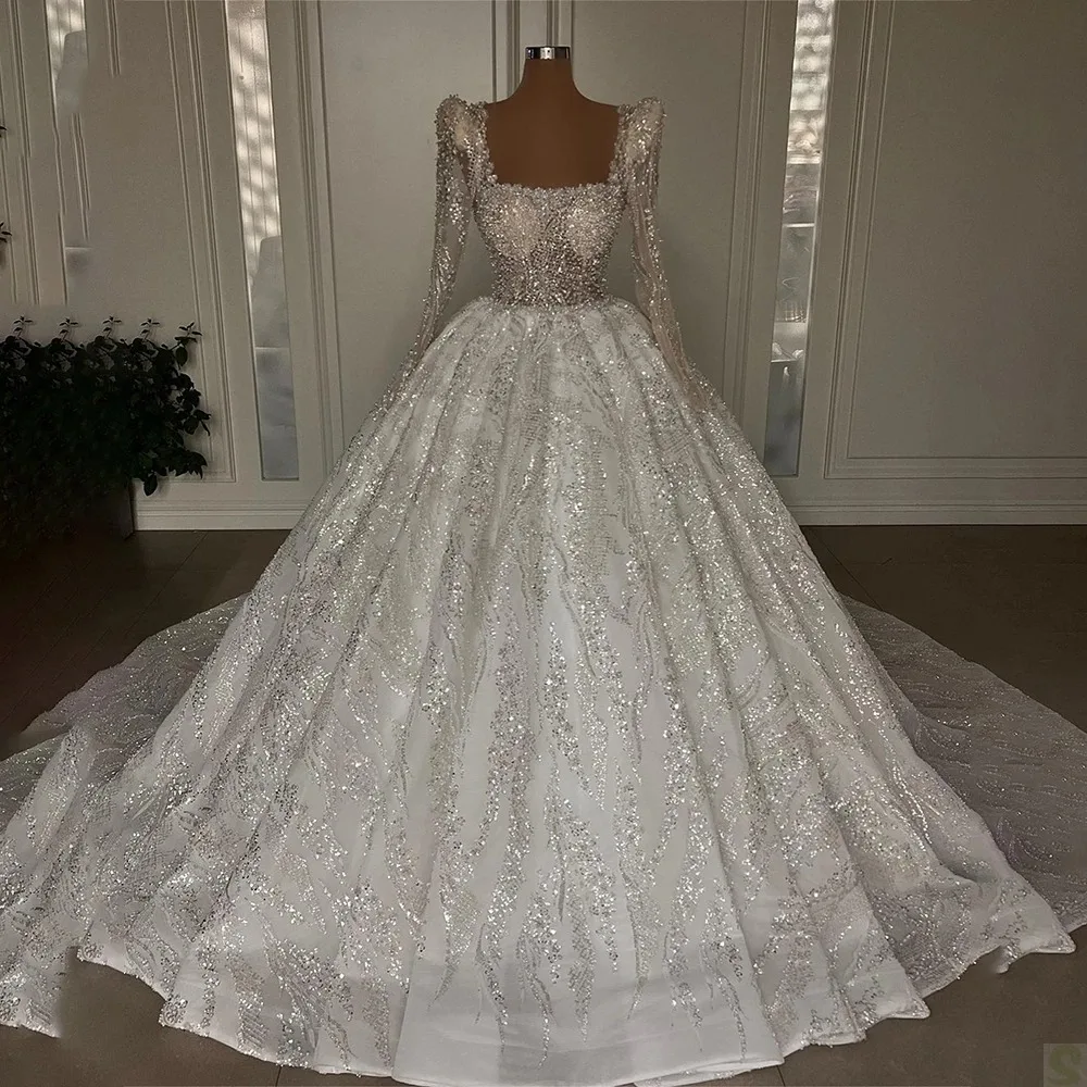 Custom New Luxury Ball Gown Wedding Dresses Square Neck Long Sleeves Sequin Appliqued Lace Bridal Wear Country Vestido De Novia