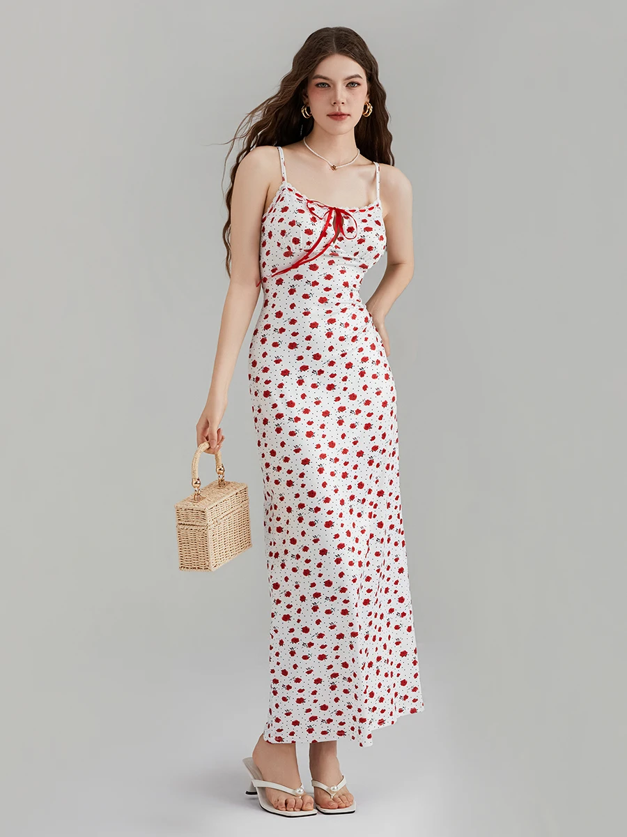 Women s Floral Print Long Cami Dress Sleeveless Spaghetti Strap Tie Front  Maxi Dress Party Corset Dress