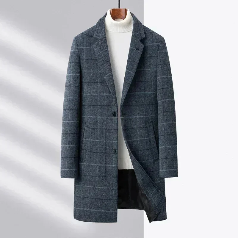 Winter Plaid Woolen Coat Men's Mid-Long Thickened Korean Style Slim Windbreaker Jacket Clothing