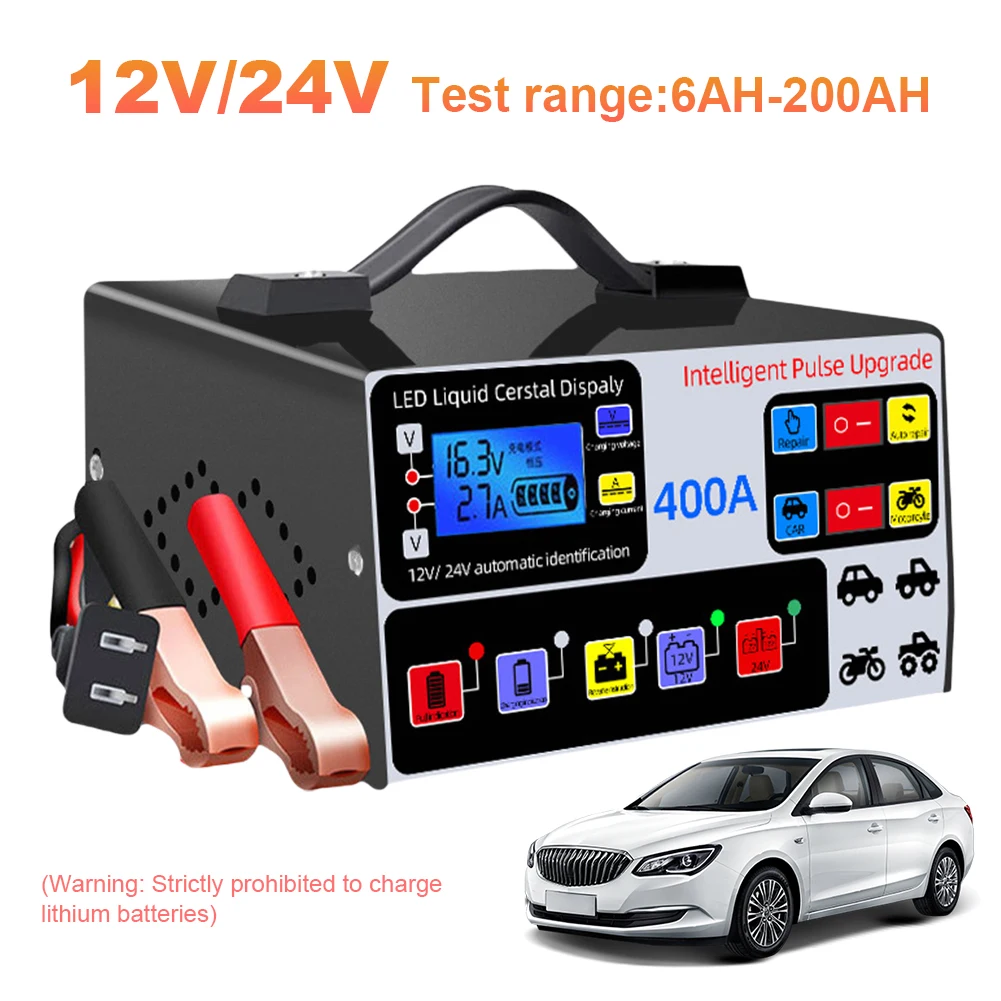 400A Heavy Duty Smart Battery Charger 12V/24V Battery High Power Fast Charger LCD Display Intelligent Pulse Repair Charger 220W