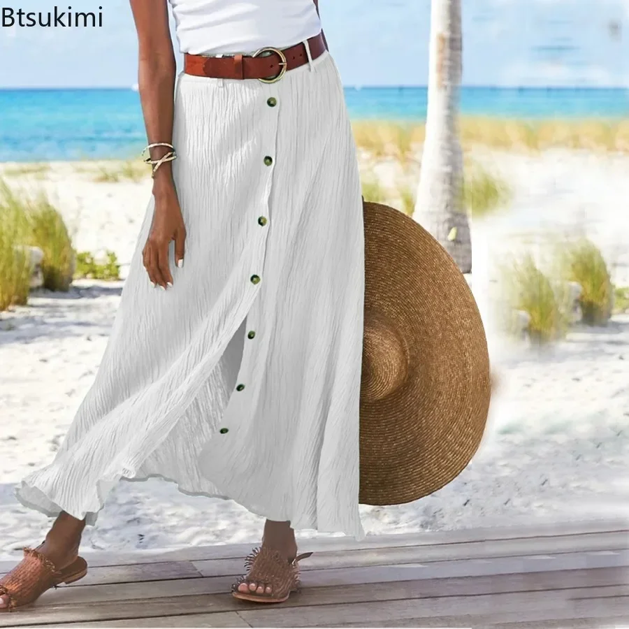 New 2024 Women\'s High Waist Cotton Midi Skirt Dress Button Up Solid Slit Hip Tennis Skirts Holiday Beach A Bottomed Skirt Female