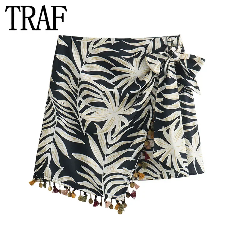 

TRAF Print Pareo Wrap Skirt Woman Asymmetric Boho Mini Skirt Tassel High Waist Short Skirts For Women Vintage Summer Beach Skirt