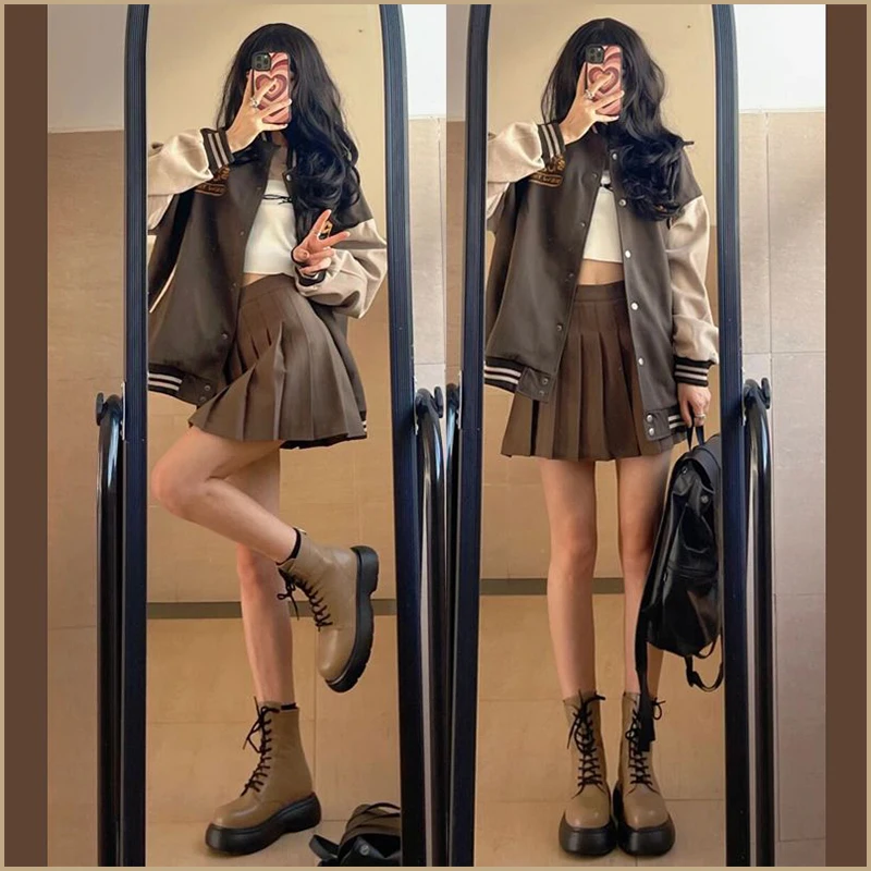 Kaki Color Half-length Pleated  Skirt Women's Autumn Winter High-waist A-line Skirt Short Skirt Matching Sweater Trendy
