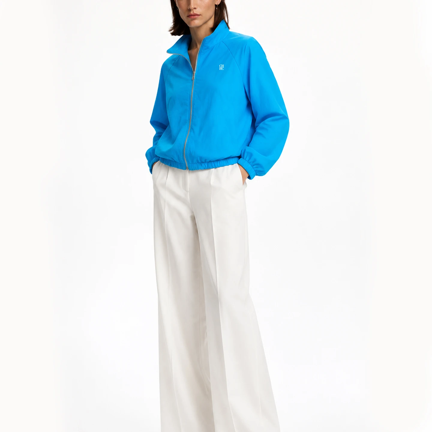 CH Stand Collar Zip Bomber Jacket Raglan Long Sleeve Elastic Trims Subtle Chest Embroidery Relaxed Boxy Women Outer Garment